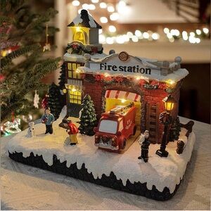 La ForFoir Resin Christmas Village Building Fire Station LED Lights Music NWT